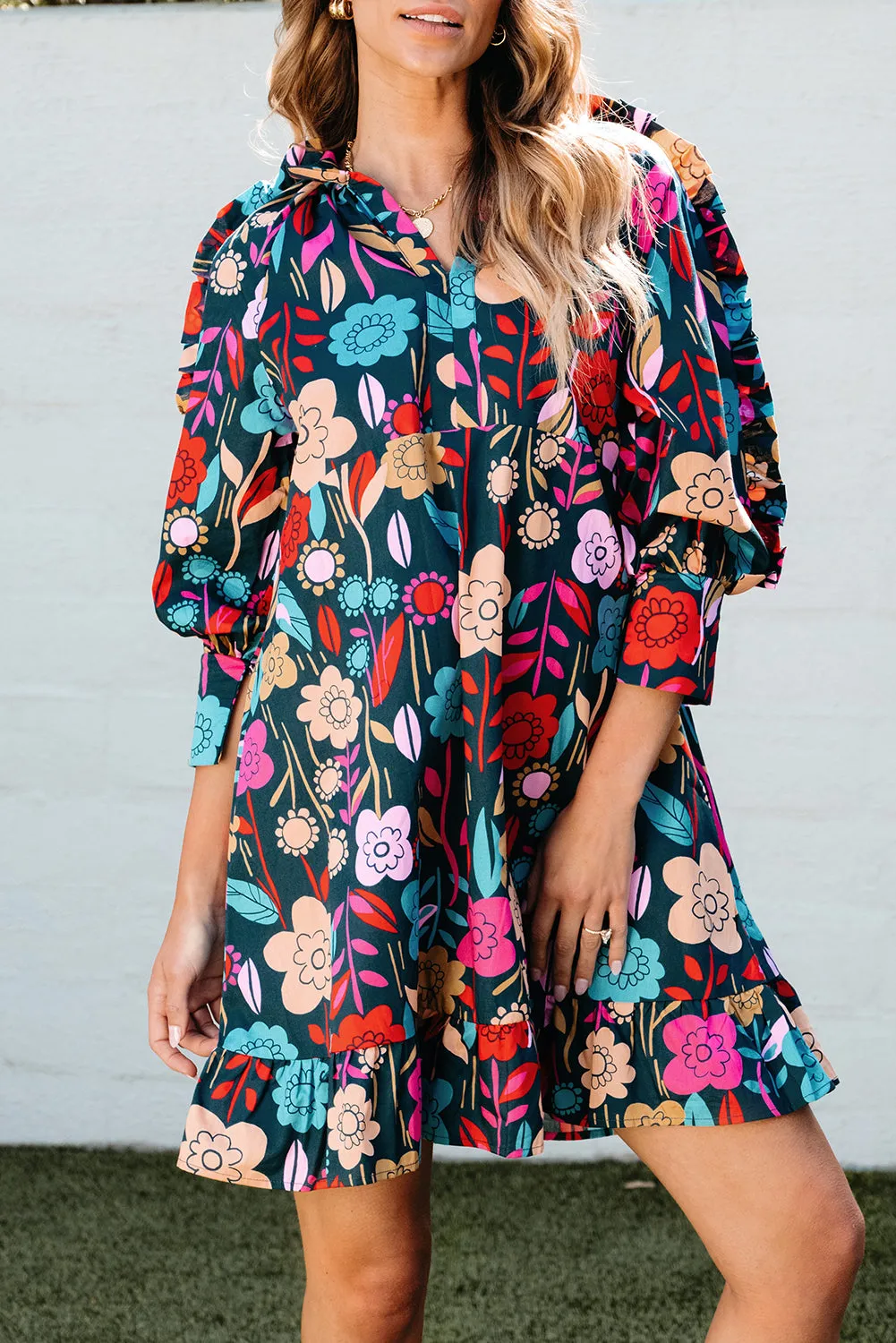 Floral Print Puff Sleeve Ruffled Mini Dresses