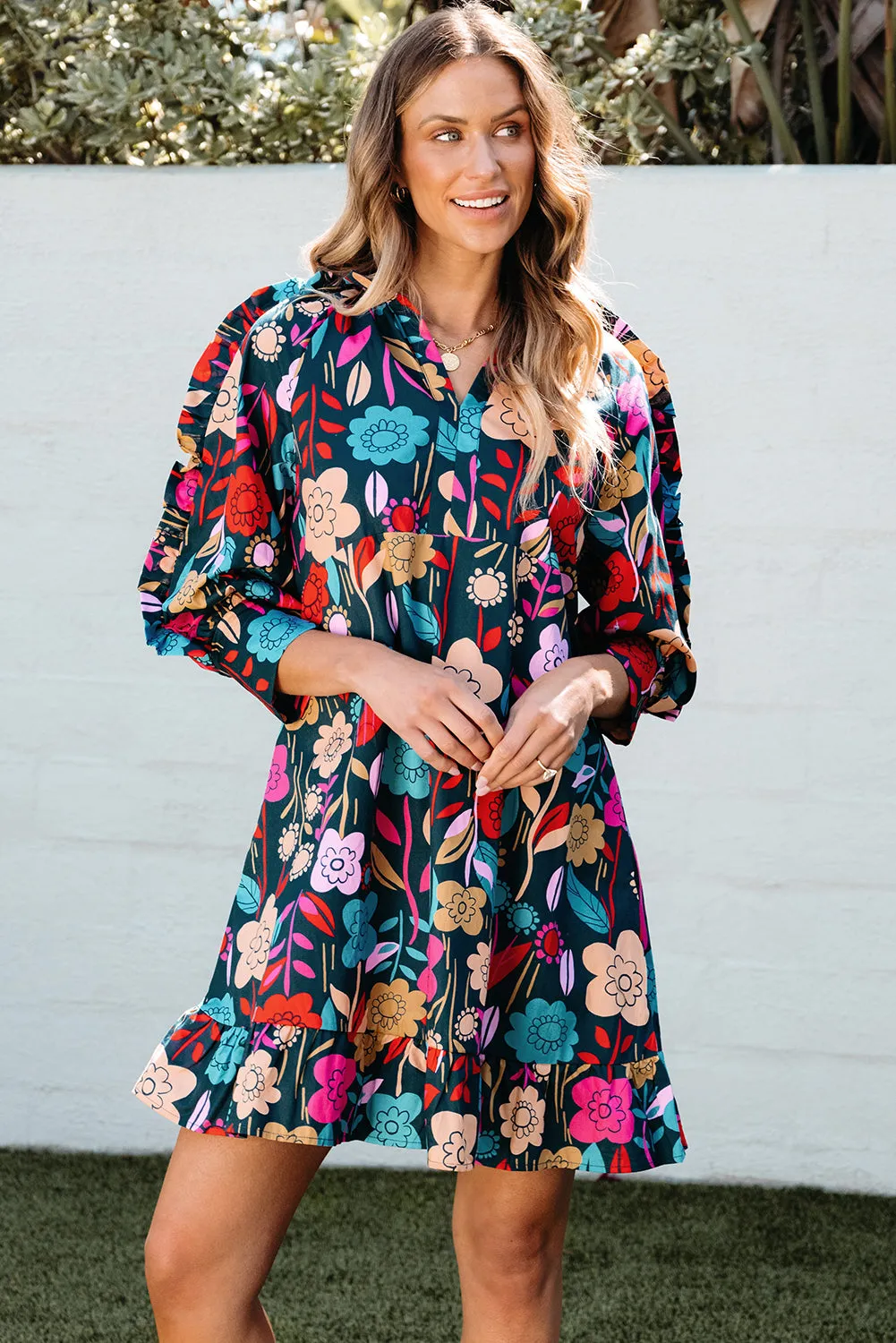 Floral Print Puff Sleeve Ruffled Mini Dresses