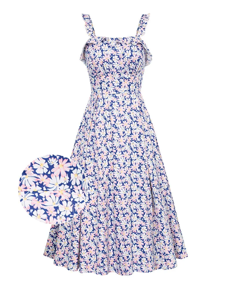 Floral Summer Dresses for Women Midi Sun Dresses Flowy Spaghetti Strap Dress with Pockets