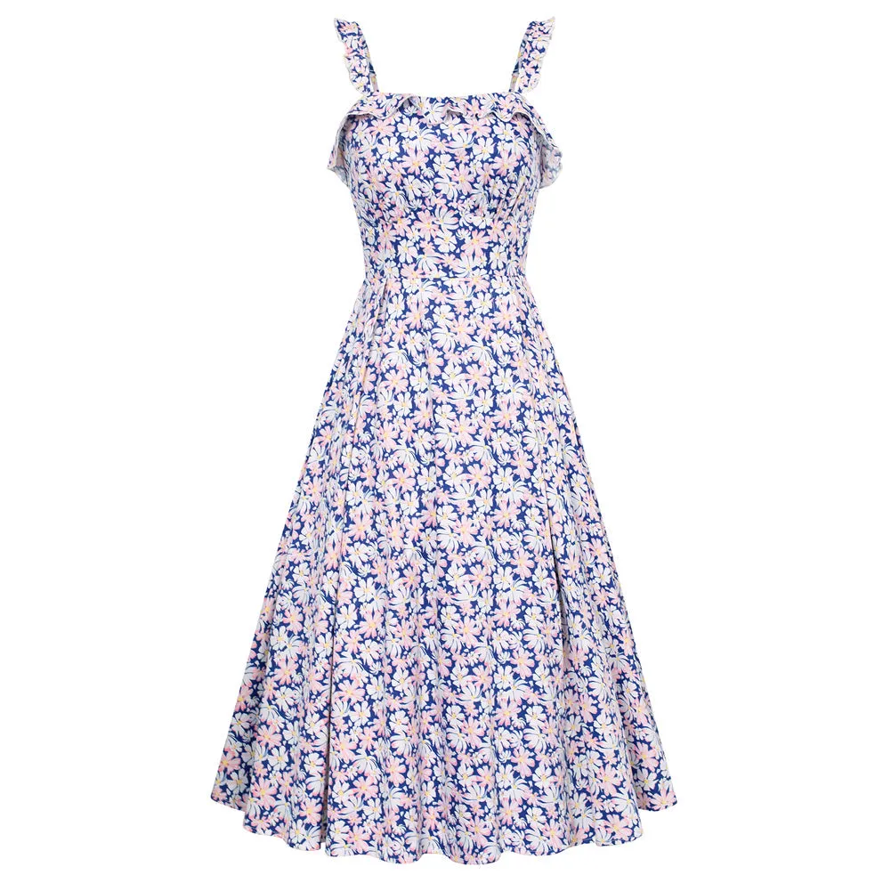 Floral Summer Dresses for Women Midi Sun Dresses Flowy Spaghetti Strap Dress with Pockets