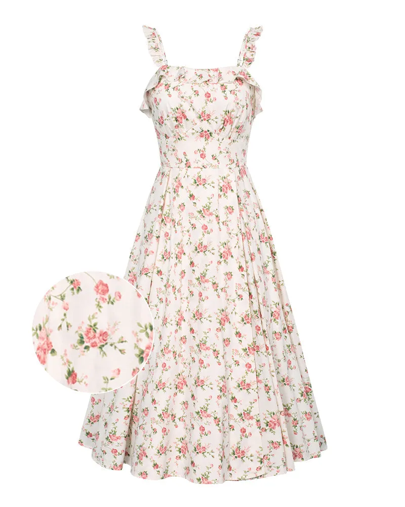 Floral Summer Dresses for Women Midi Sun Dresses Flowy Spaghetti Strap Dress with Pockets