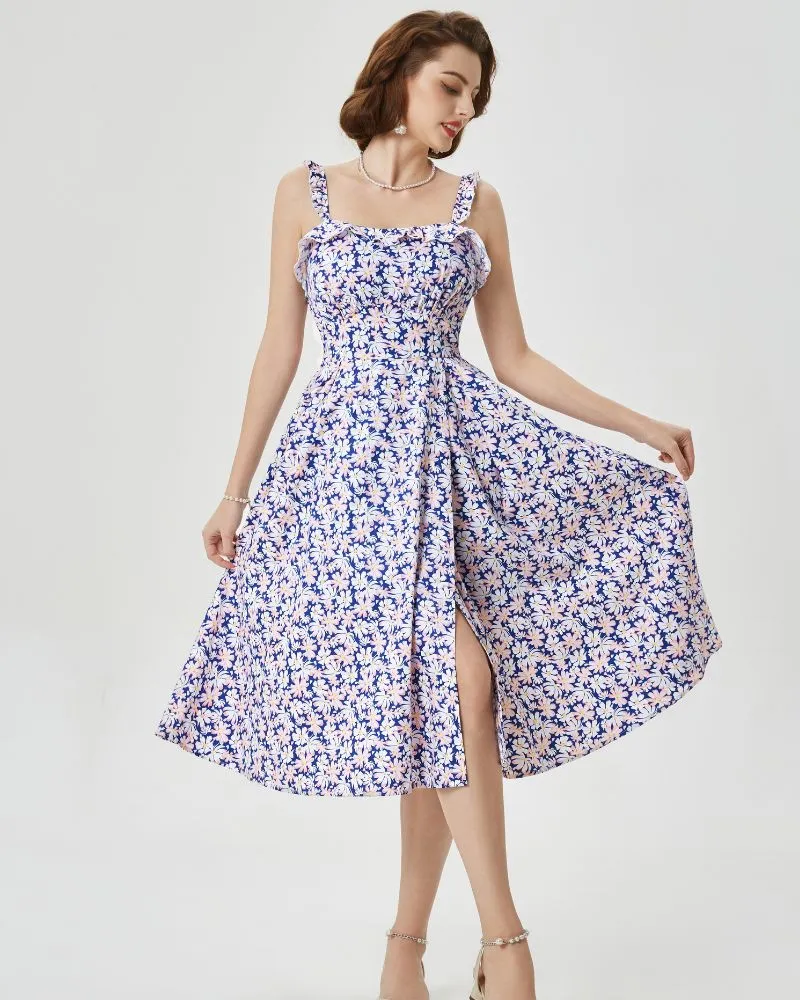 Floral Summer Dresses for Women Midi Sun Dresses Flowy Spaghetti Strap Dress with Pockets