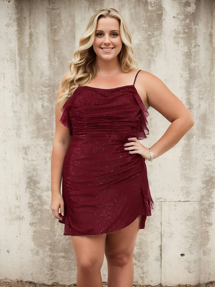 Glitter A-Line Pleated Spaghetti Straps Mini Homecoming Dress