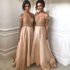 Gold Sequins Beads V Neck Long Satin Bridesmaid Dresses 2017