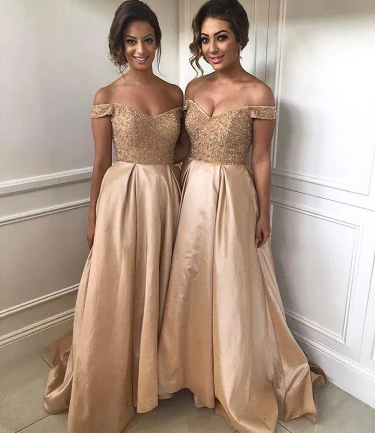 Gold Sequins Beads V Neck Long Satin Bridesmaid Dresses 2017