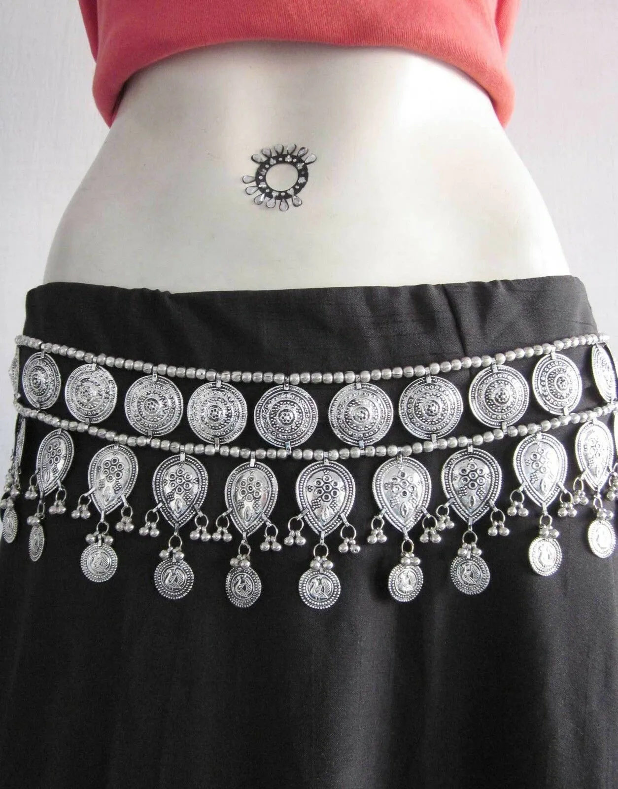 Gypsy Silver Coin Belt Three Rows Boho Belly Chain Adjustable Size Great For Festivals & Beach!