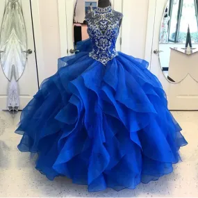 High Neck Crystal Beaded Bodice Corset Organza Layered Quinceanera Dresses Ball Gowns 2018