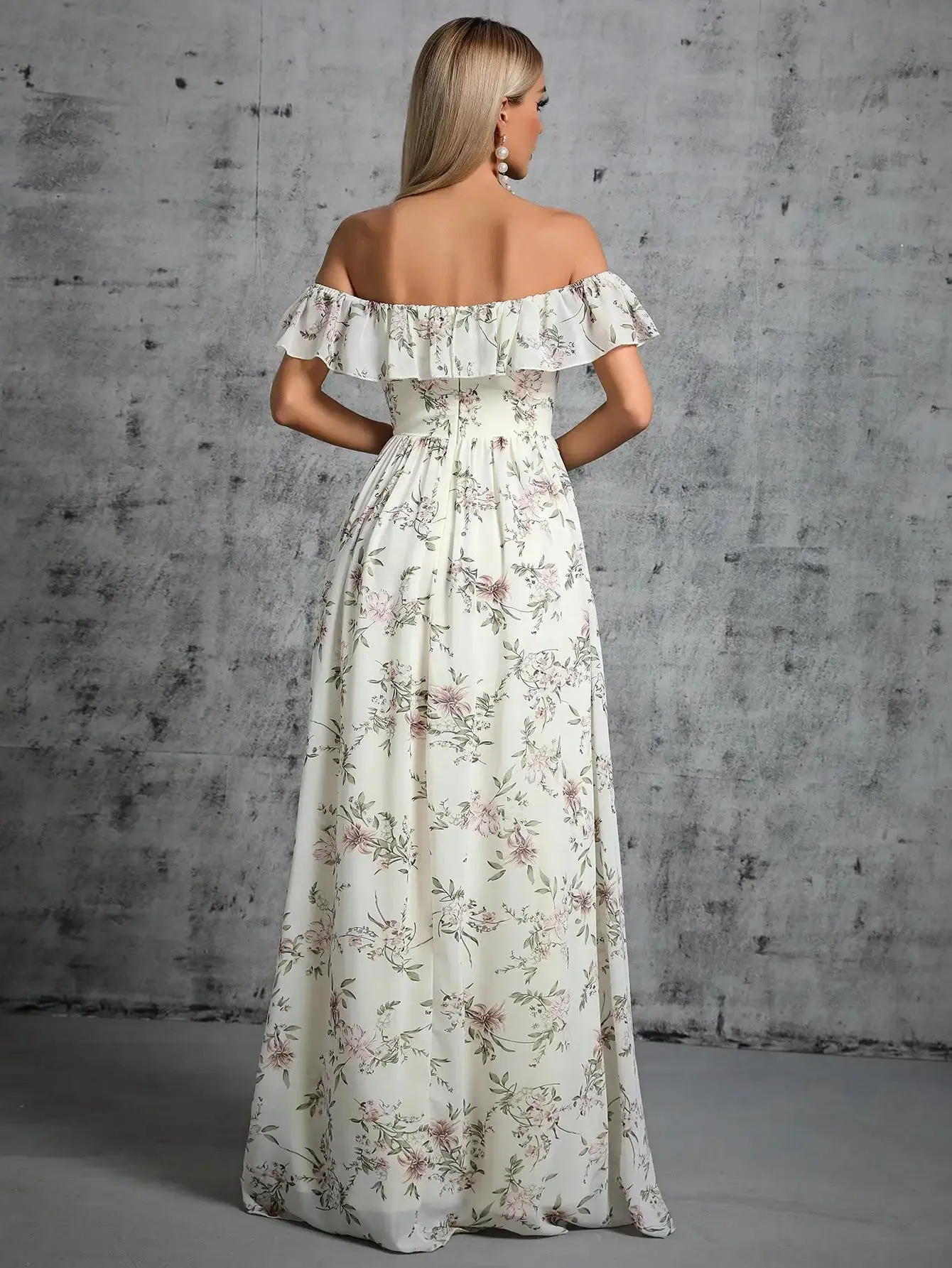 Ivory Strapless Ruffle Split Printed Chiffon Maxi Dress