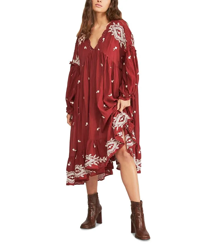 Lavender Fields Midi Dress Red Or Off White Embroidered Boho Flared Loose Long Peasant Sleeves Romantic Lace V Neck Available In Small Medium Large Or Extra Large XL