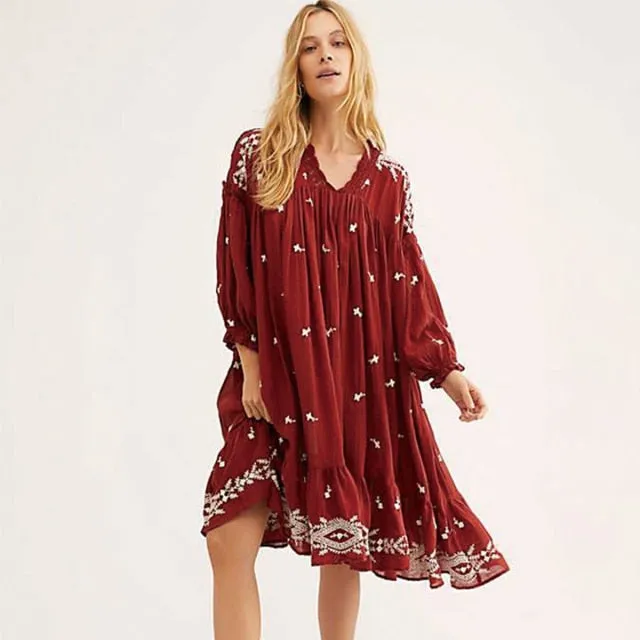 Lavender Fields Midi Dress Red Or Off White Embroidered Boho Flared Loose Long Peasant Sleeves Romantic Lace V Neck Available In Small Medium Large Or Extra Large XL