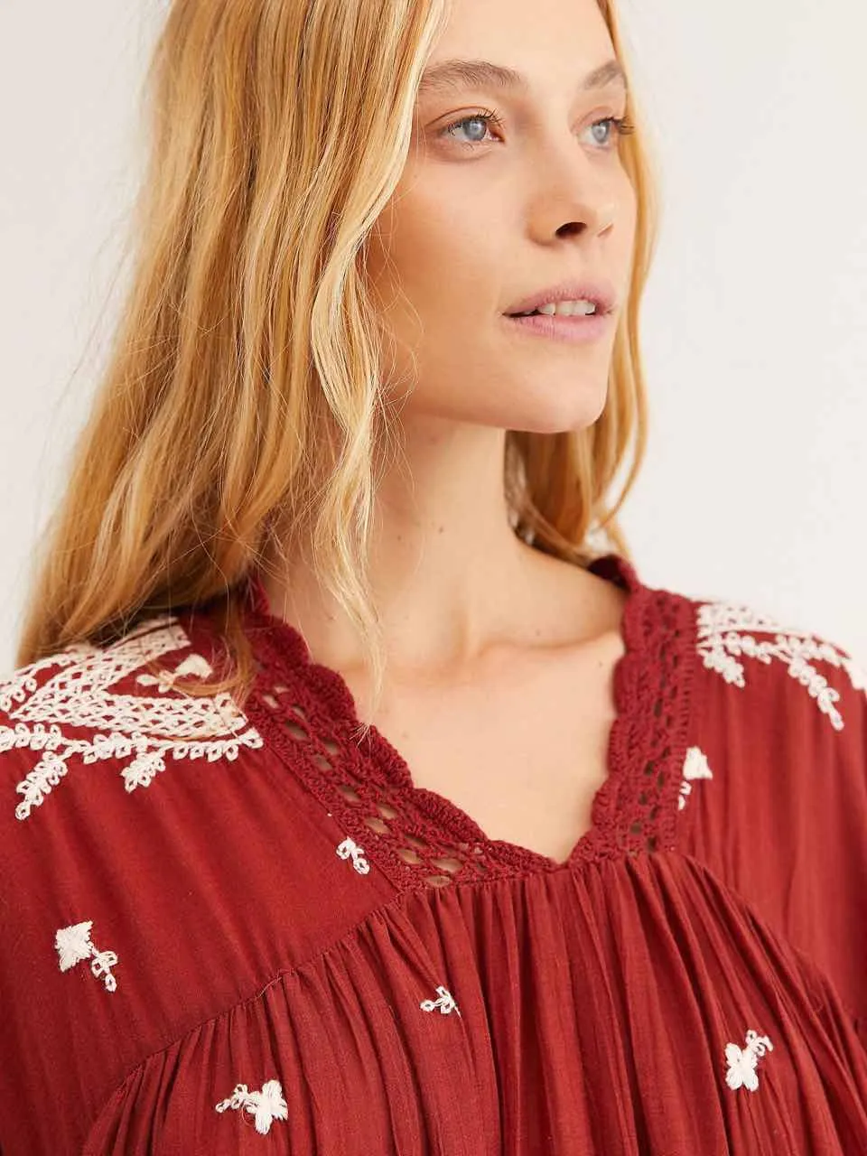 Lavender Fields Midi Dress Red Or Off White Embroidered Boho Flared Loose Long Peasant Sleeves Romantic Lace V Neck Available In Small Medium Large Or Extra Large XL