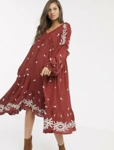 Lavender Fields Midi Dress Red Or Off White Embroidered Boho Flared Loose Long Peasant Sleeves Romantic Lace V Neck Available In Small Medium Large Or Extra Large XL