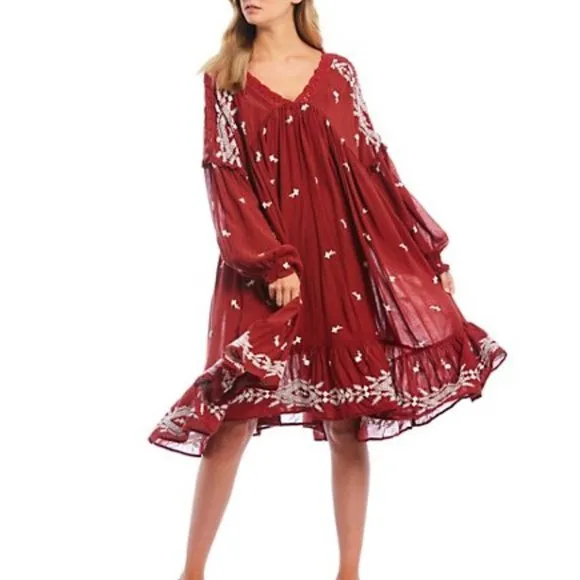 Lavender Fields Midi Dress Red Or Off White Embroidered Boho Flared Loose Long Peasant Sleeves Romantic Lace V Neck Available In Small Medium Large Or Extra Large XL