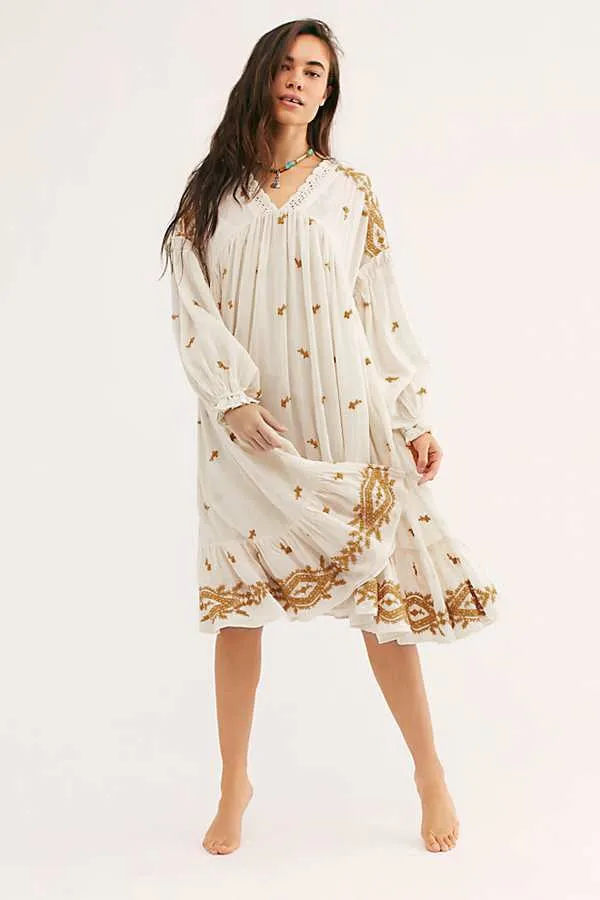 Lavender Fields Midi Dress Red Or Off White Embroidered Boho Flared Loose Long Peasant Sleeves Romantic Lace V Neck Available In Small Medium Large Or Extra Large XL