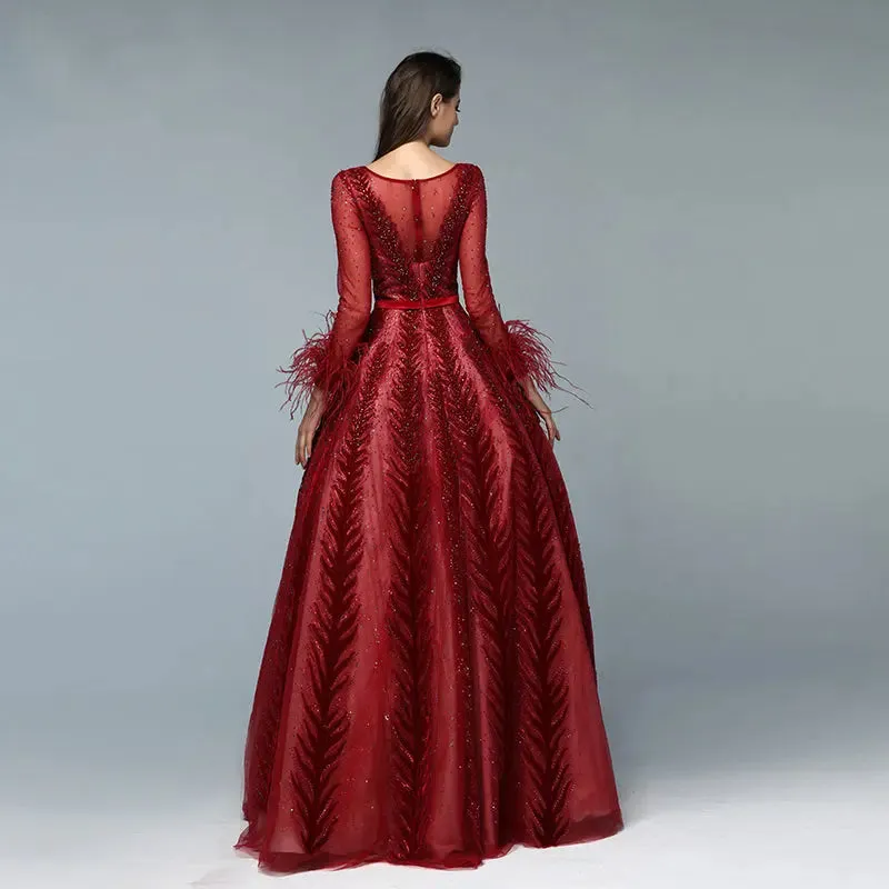 Leila - Wine Red Evening Gown With Long Sleeves