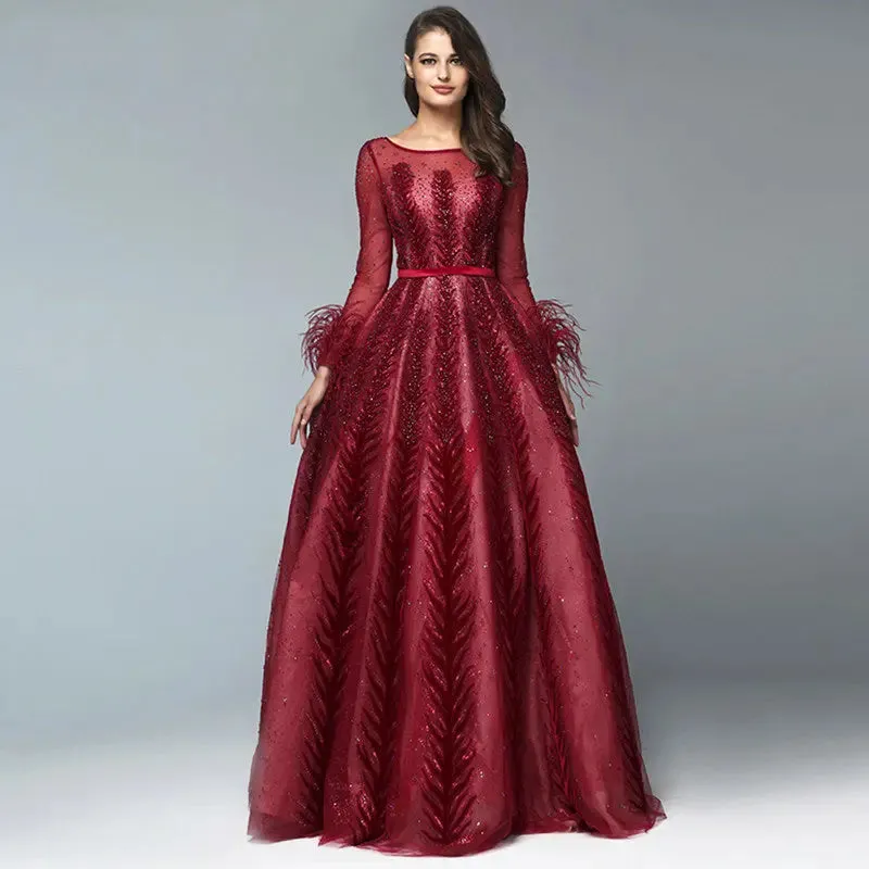 Leila - Wine Red Evening Gown With Long Sleeves