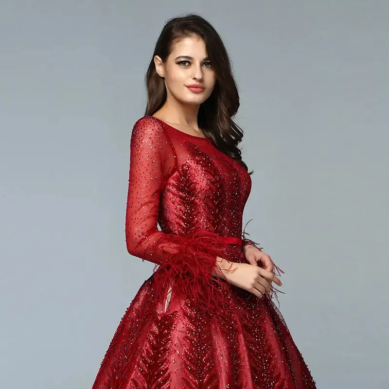 Leila - Wine Red Evening Gown With Long Sleeves