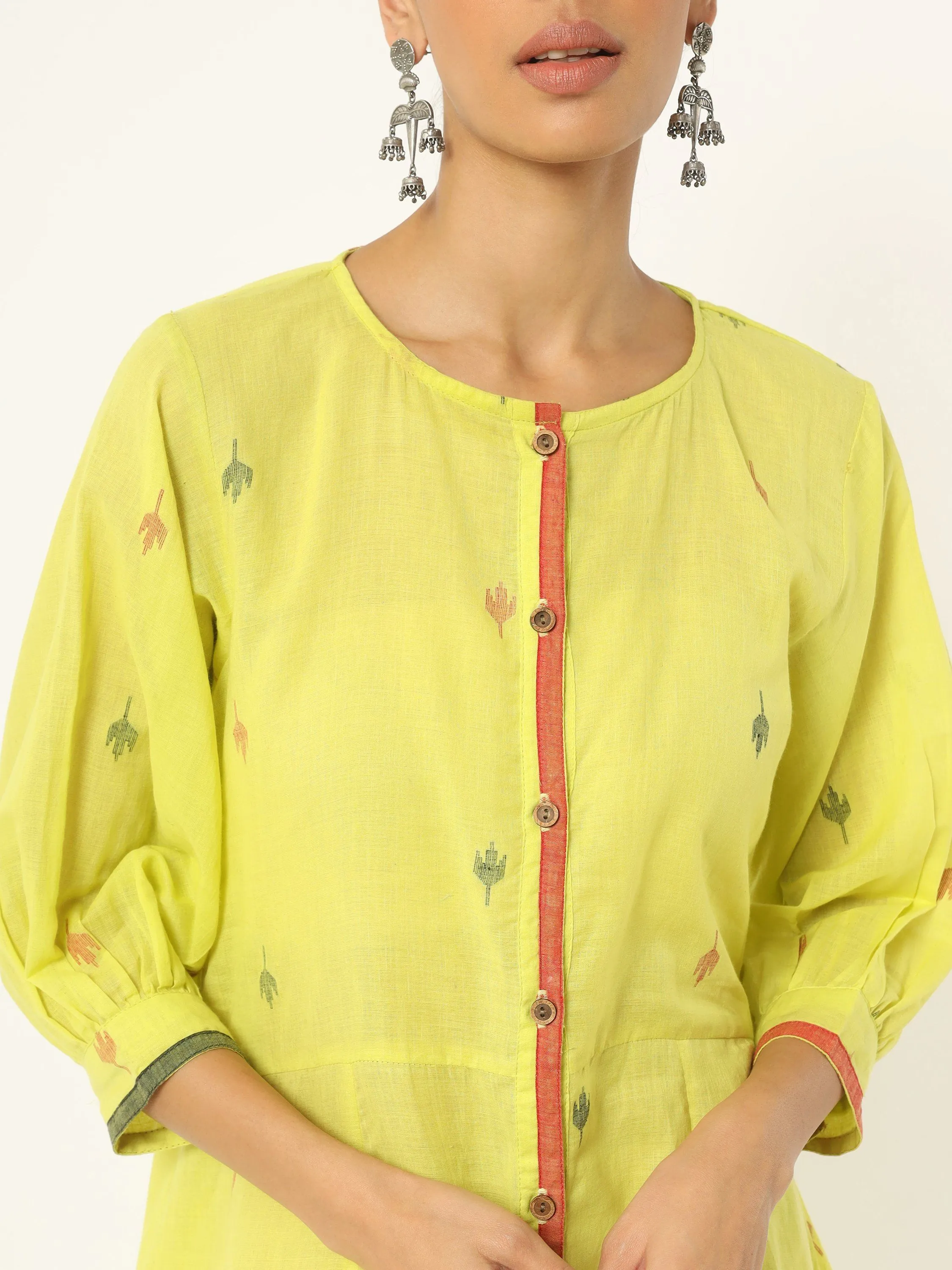 Lemon Yellow Muslin Jamdani Dress