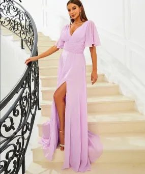 Light Purple A-Line Short Sleeves Chiffon Evening Dress