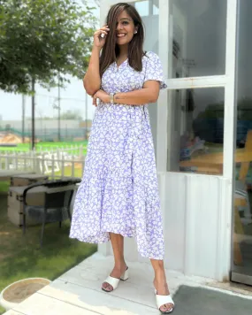 Lilac Floral Printed Cotton Wrap Dress