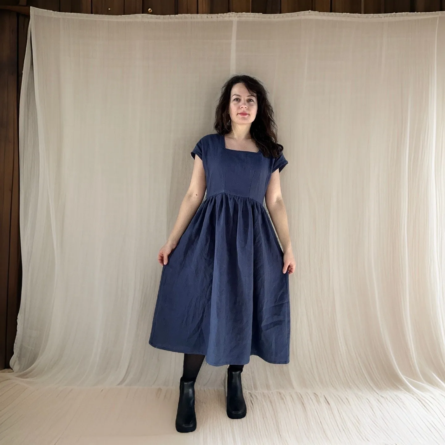 Linen midi dress- navy