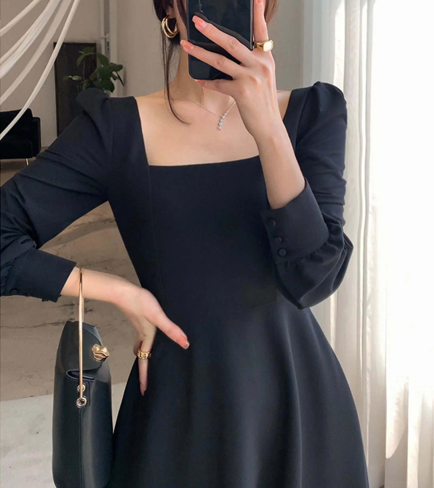 Long Sleeve Square Neck Fit & Flare Midi Dress