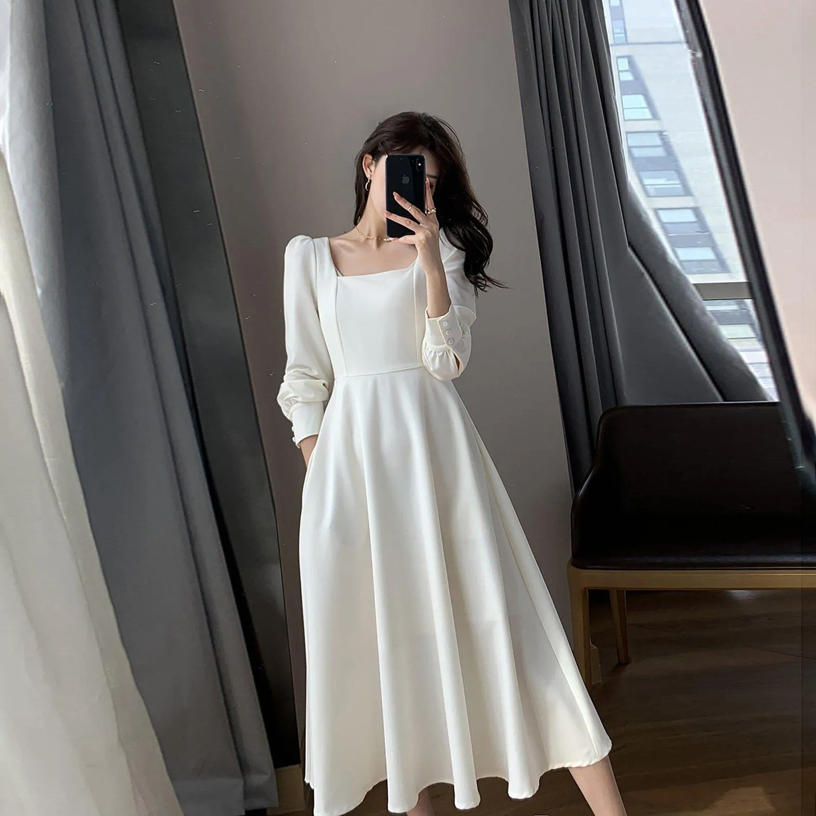 Long Sleeve Square Neck Fit & Flare Midi Dress