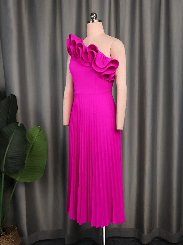 Momnfancy Elegant Rose Carmine Falbala Oblique Shoulder Pleated Flowy A-Line Babyshower Maternity Occasion Maxi Dress