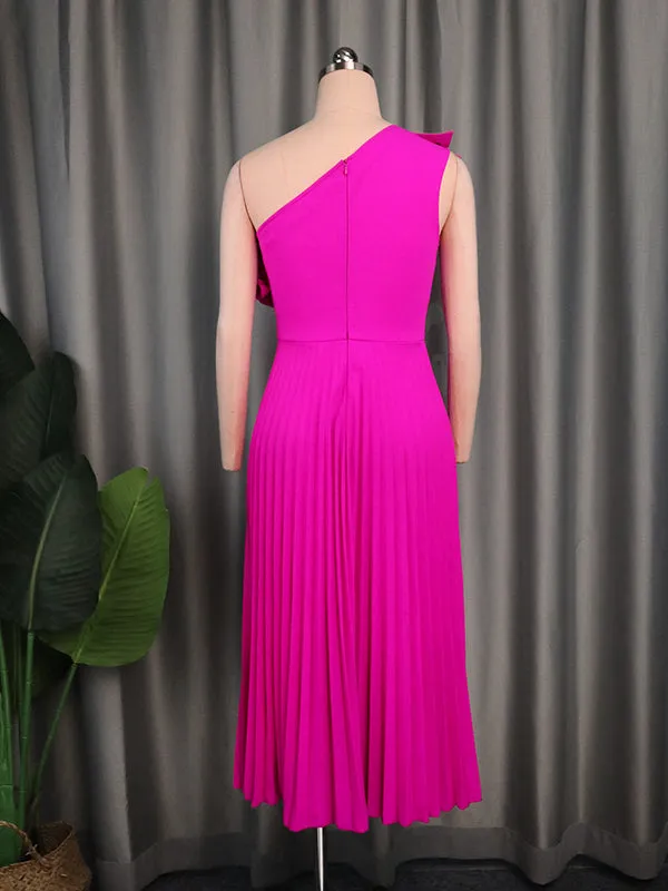 Momnfancy Elegant Rose Carmine Falbala Oblique Shoulder Pleated Flowy A-Line Babyshower Maternity Occasion Maxi Dress