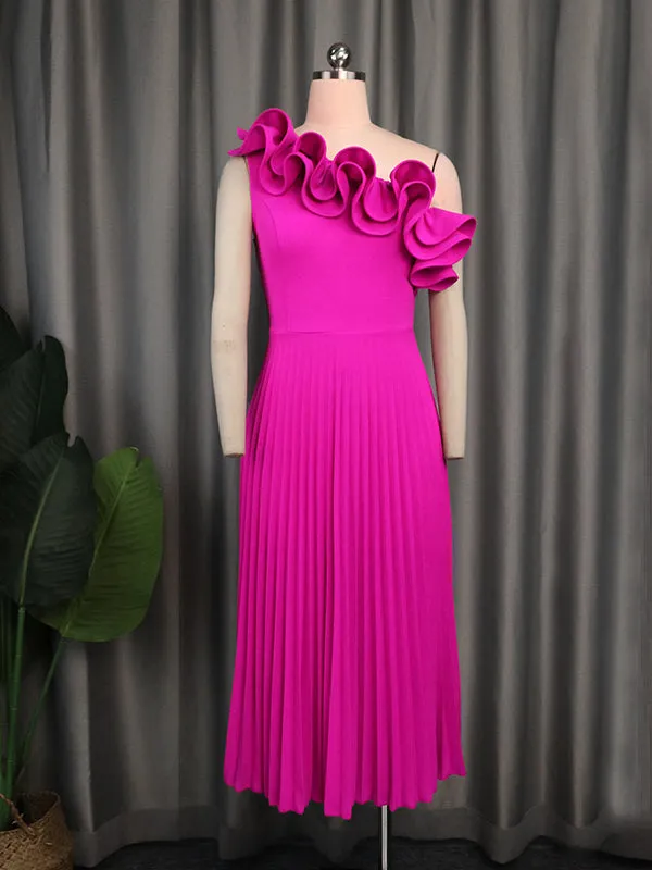 Momnfancy Elegant Rose Carmine Falbala Oblique Shoulder Pleated Flowy A-Line Babyshower Maternity Occasion Maxi Dress