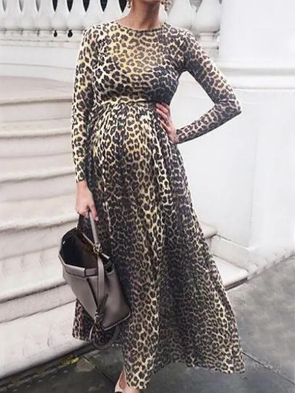 Momnfancy Leopard Print Round Neck Long Sleeve High Waisted Party Maternity Dress