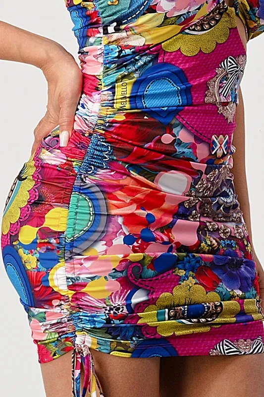 Multi Print One Shoulder Mini Dress