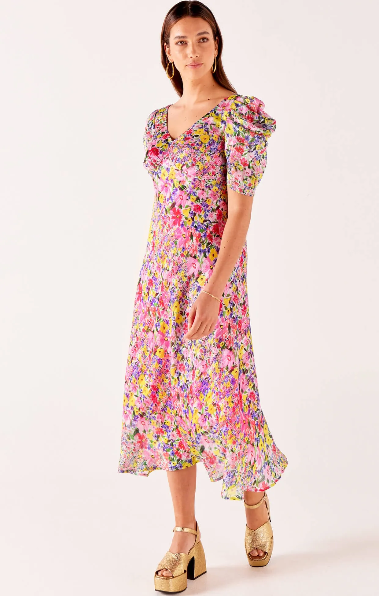 New Blooms Midi Dress in Pink Floral