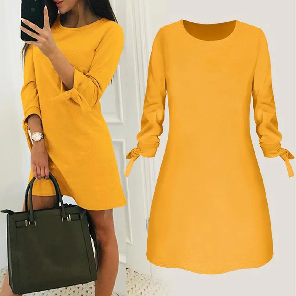 New Dress For Women O-neck Solid Bow Elegant Winter Straigth Dress Spring Loose Mini Dresses Plus Size Ropa De Mujer 2021