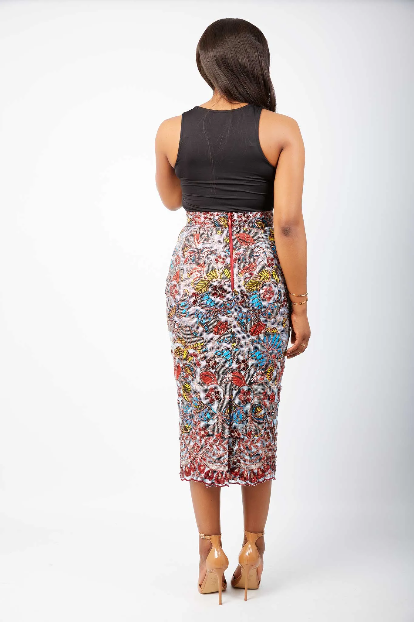 New in African Print Cut Out Net Lace Sequin Midi Skirt- Mimi