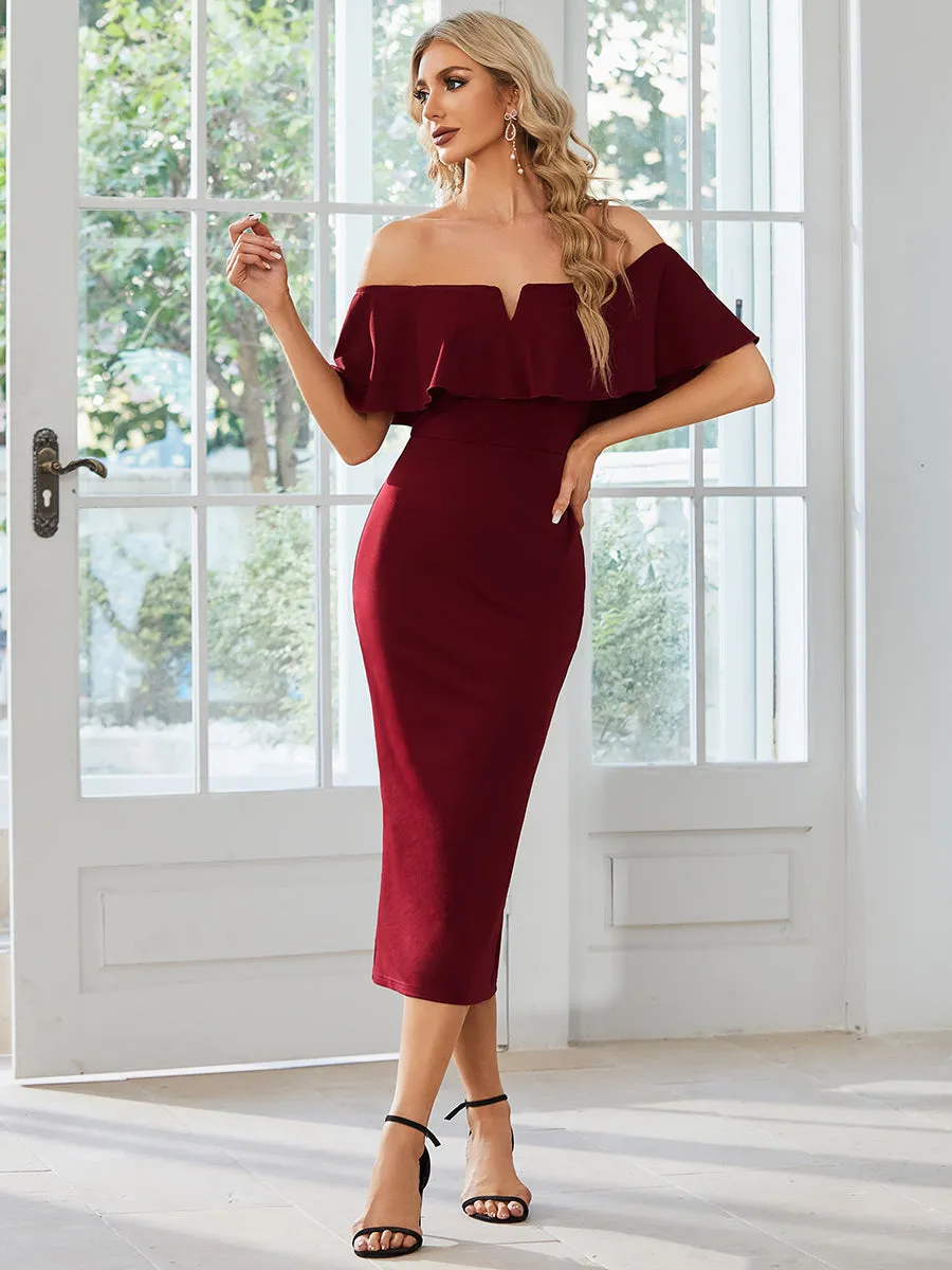 Off shoulder Lotus Sleeve Bodycon Mermaid Wholesale Wedding Guest Dresses