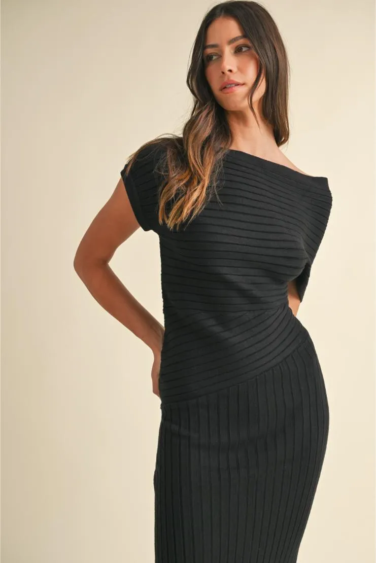 Patricia Knit Ribbed One Shoulder Midi Dress - Black