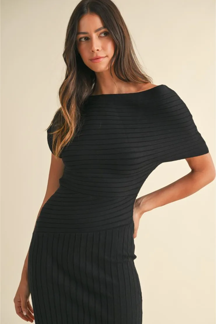 Patricia Knit Ribbed One Shoulder Midi Dress - Black