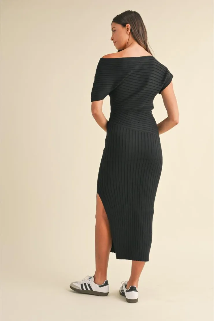 Patricia Knit Ribbed One Shoulder Midi Dress - Black