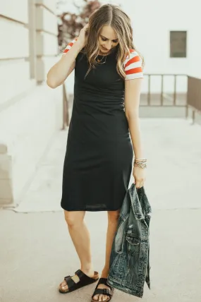 Patriotic Tee Dresses: Navy Body with Red Stripe Sleeves