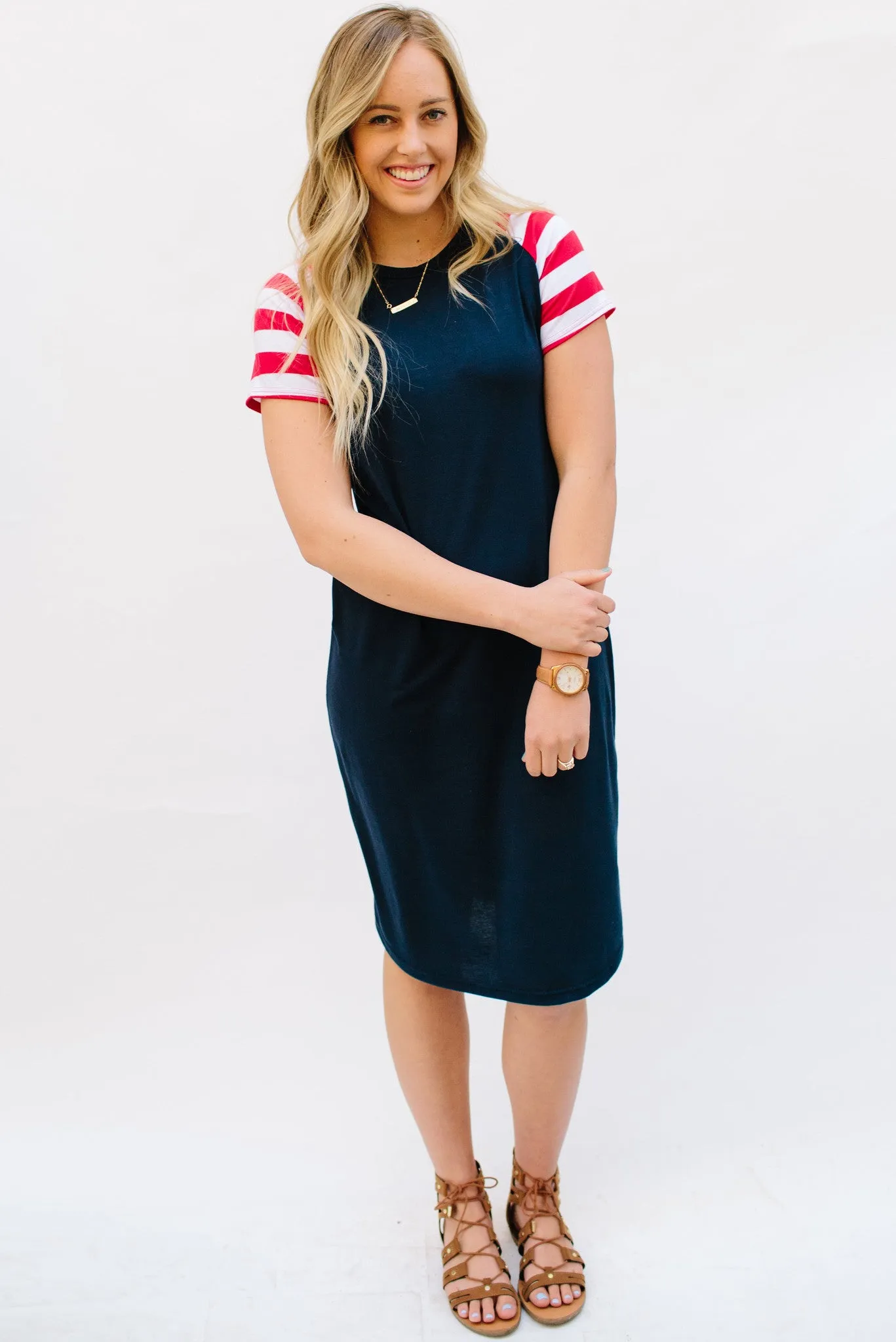 Patriotic Tee Dresses: Navy Body with Red Stripe Sleeves