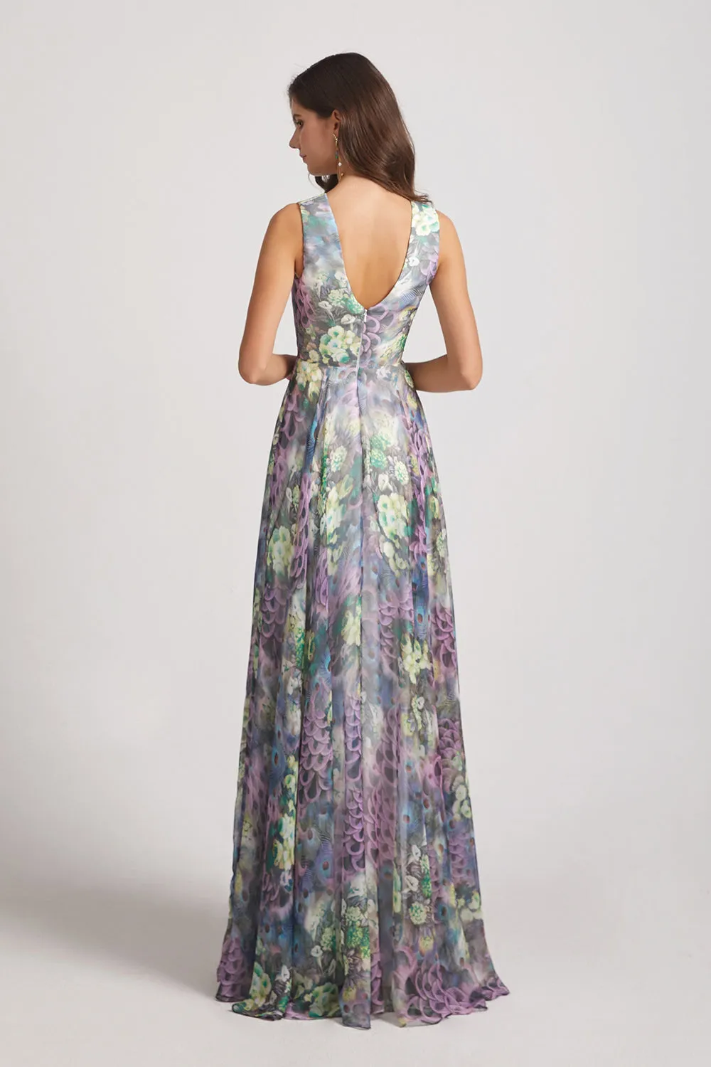 Peacock Floral-Printed Bridesmaid Dresses with Double V-Neck (AF0117)