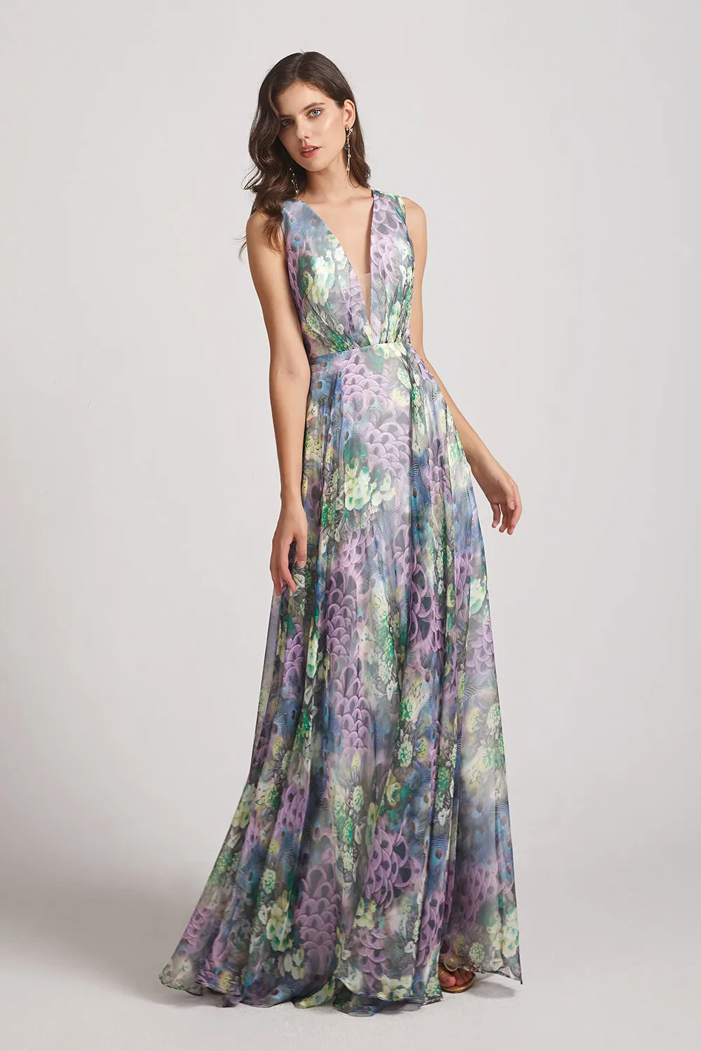 Peacock Floral-Printed Bridesmaid Dresses with Double V-Neck (AF0117)