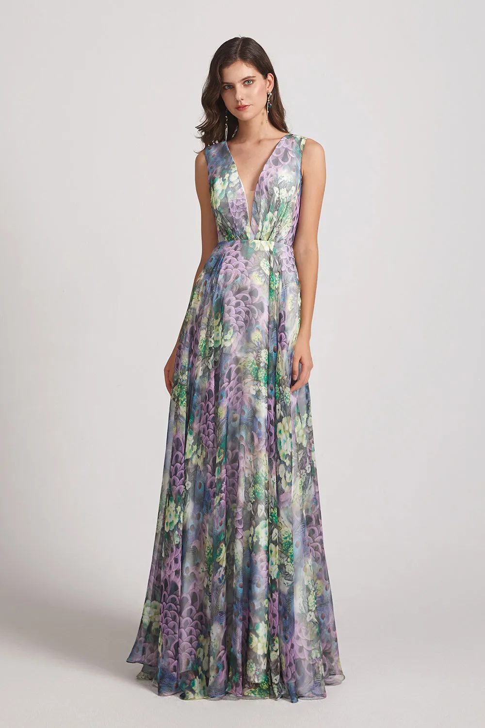 Peacock Floral-Printed Bridesmaid Dresses with Double V-Neck (AF0117)