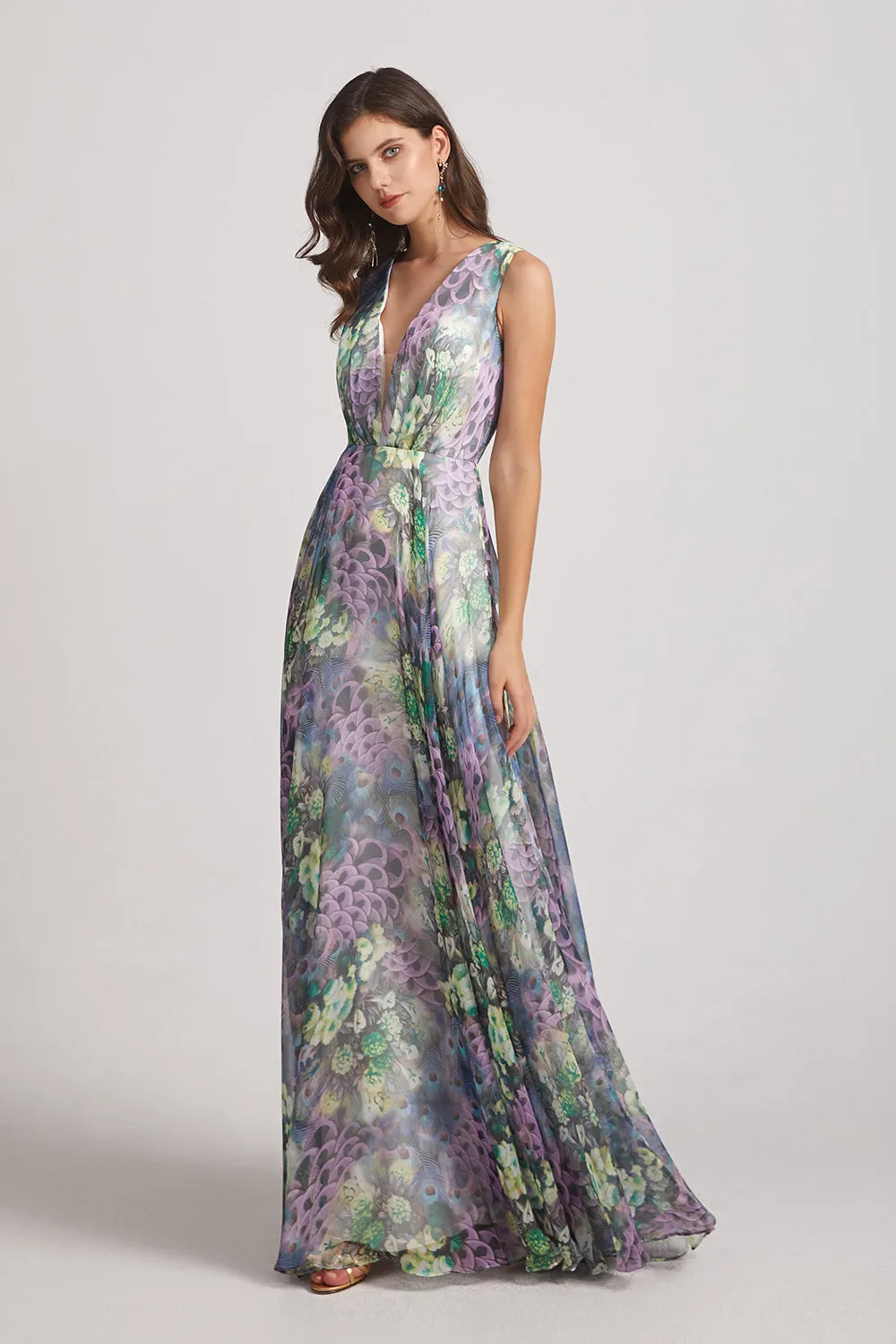 Peacock Floral-Printed Bridesmaid Dresses with Double V-Neck (AF0117)