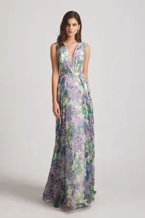 Peacock Floral-Printed Bridesmaid Dresses with Double V-Neck (AF0117)