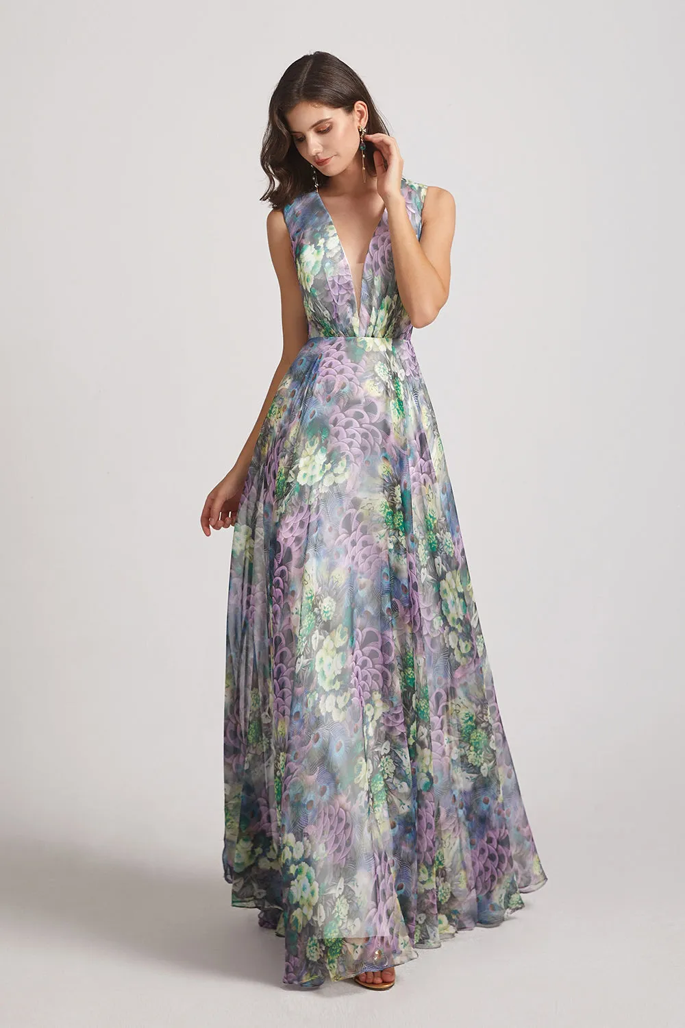 Peacock Floral-Printed Bridesmaid Dresses with Double V-Neck (AF0117)