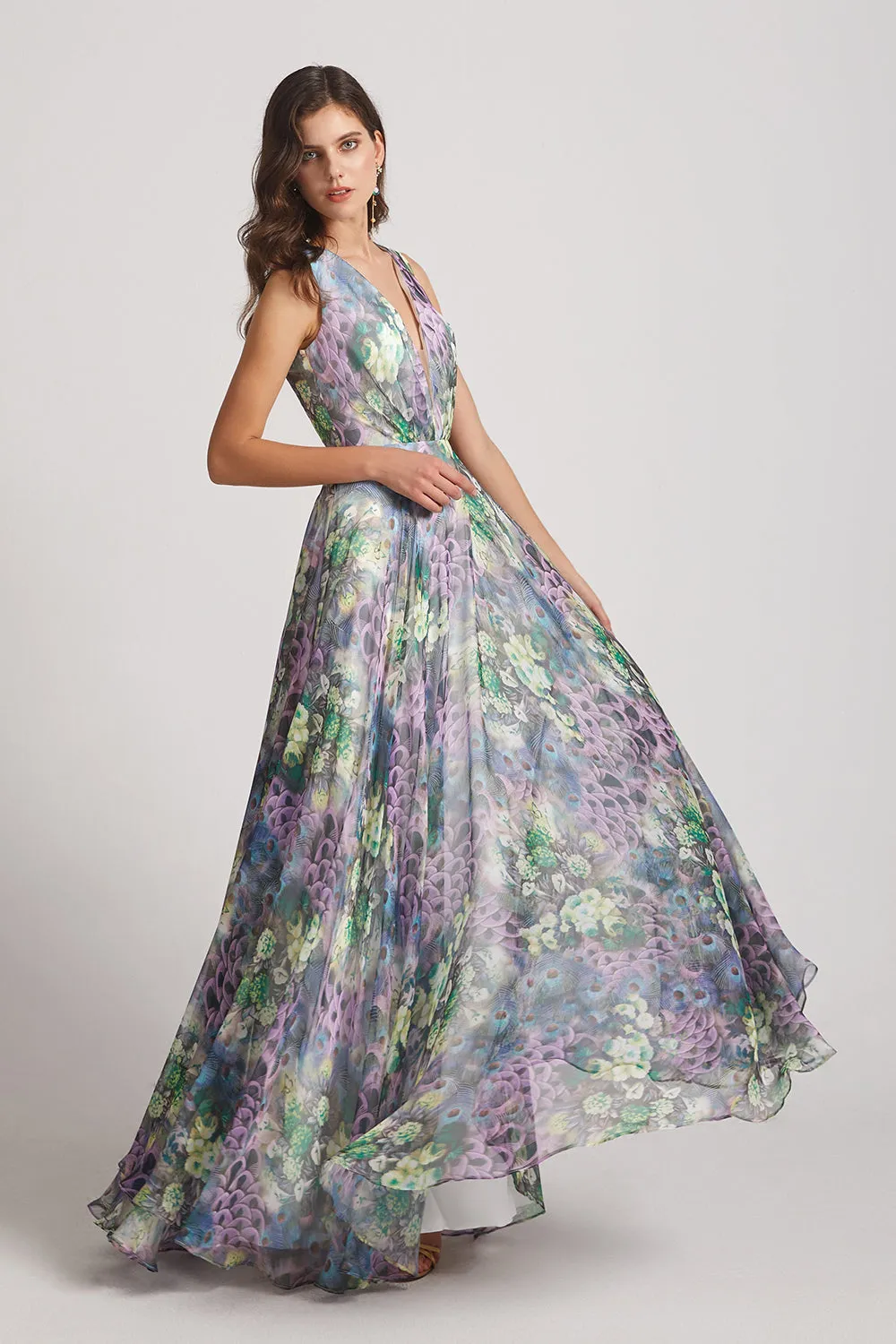 Peacock Floral-Printed Bridesmaid Dresses with Double V-Neck (AF0117)