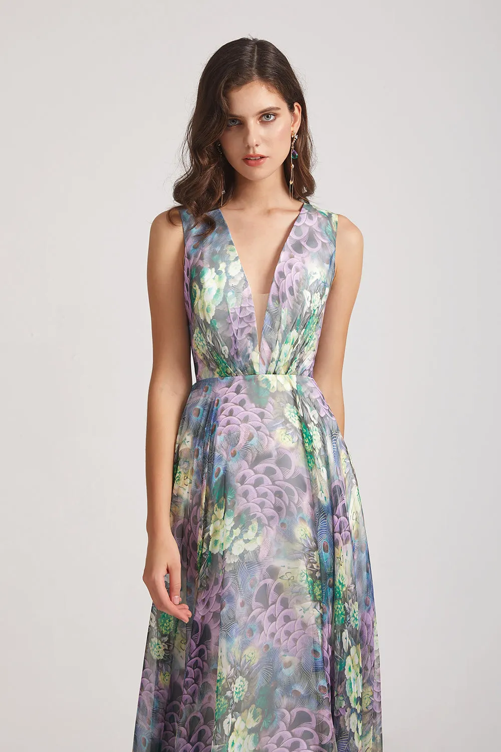 Peacock Floral-Printed Bridesmaid Dresses with Double V-Neck (AF0117)