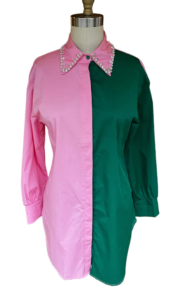 Pink and Green Embellished Shirtdress